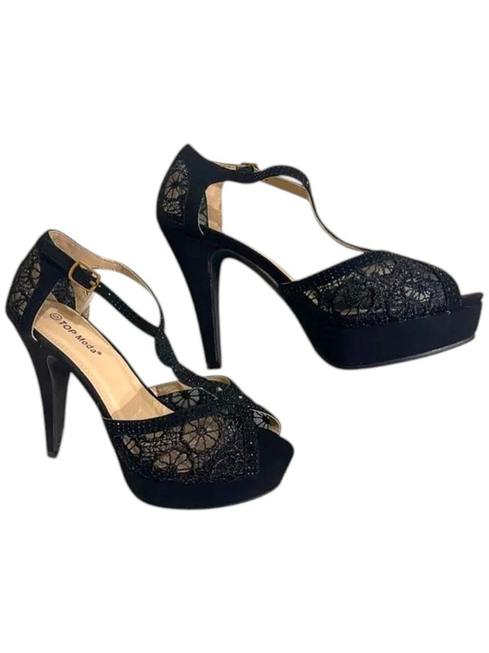 Women's Black Rhinestone Lace Platform Heels ✨ Elegant T-Strap Dress Shoes - Picture 5 of 6